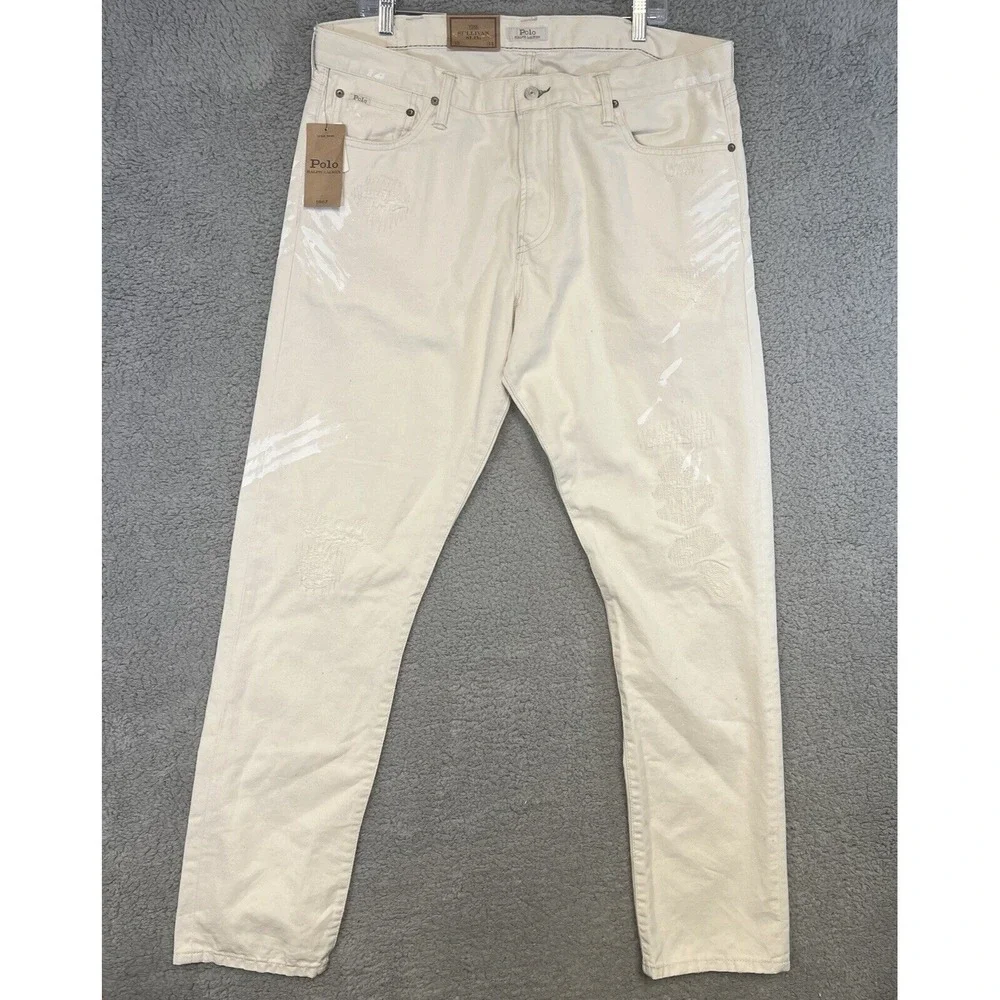 NOS Polo Ralph Lauren Repaired Jeans Men's 38 x 34 Cream The Sullivan Pants